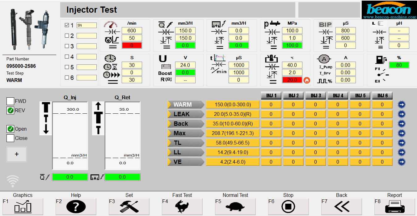 CR819S diesel fuel injector testing machine software interface showing Denso injector calibration