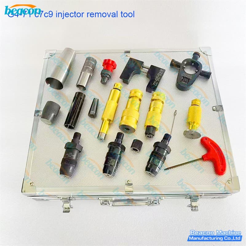 Overhead view of Caterpillar C7 C9 HEUI injector disassembly toolset layout with custom foam padding