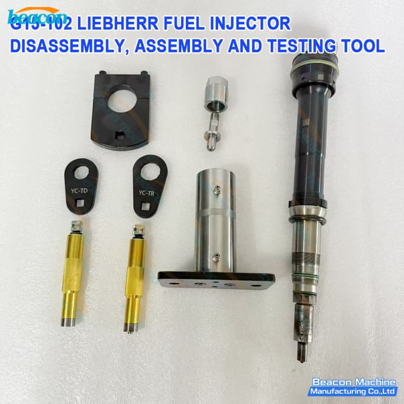 Professional Liebherr common rail injector service tools shown with industrial injector unit for reference.