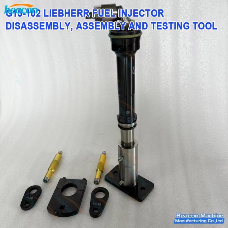 Vertical assembly process using the G15-102 Liebherr injector mounting tool for precise alignment.