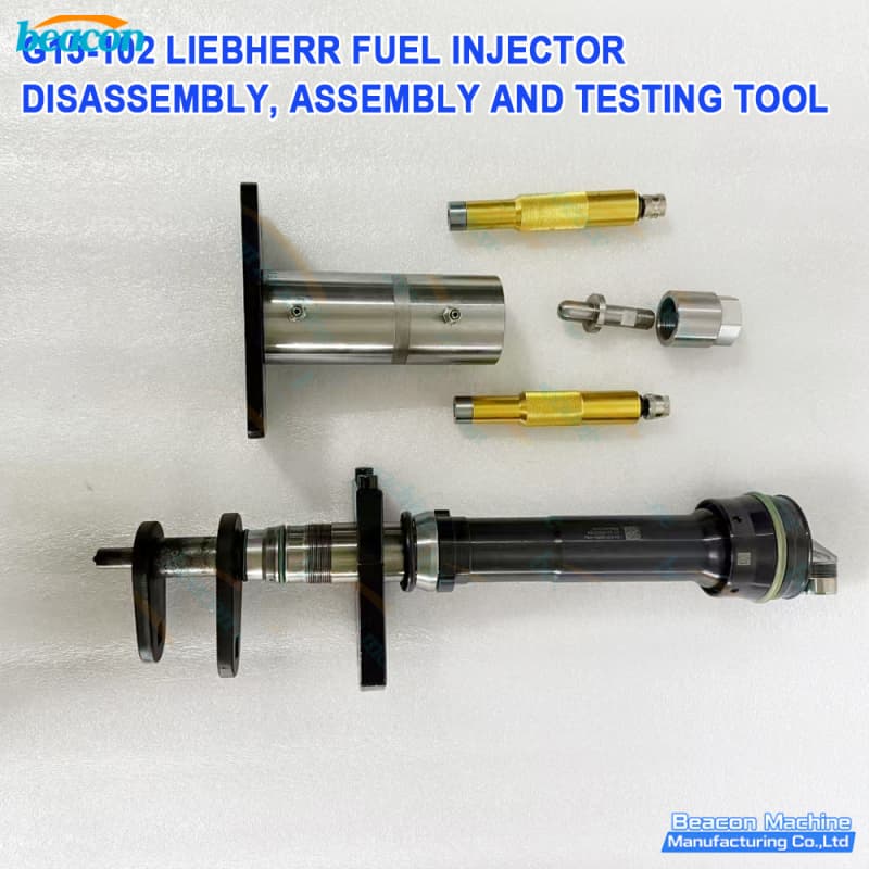 Horizontal view of Liebherr fuel injector disassembly components including high-strength mounting base.