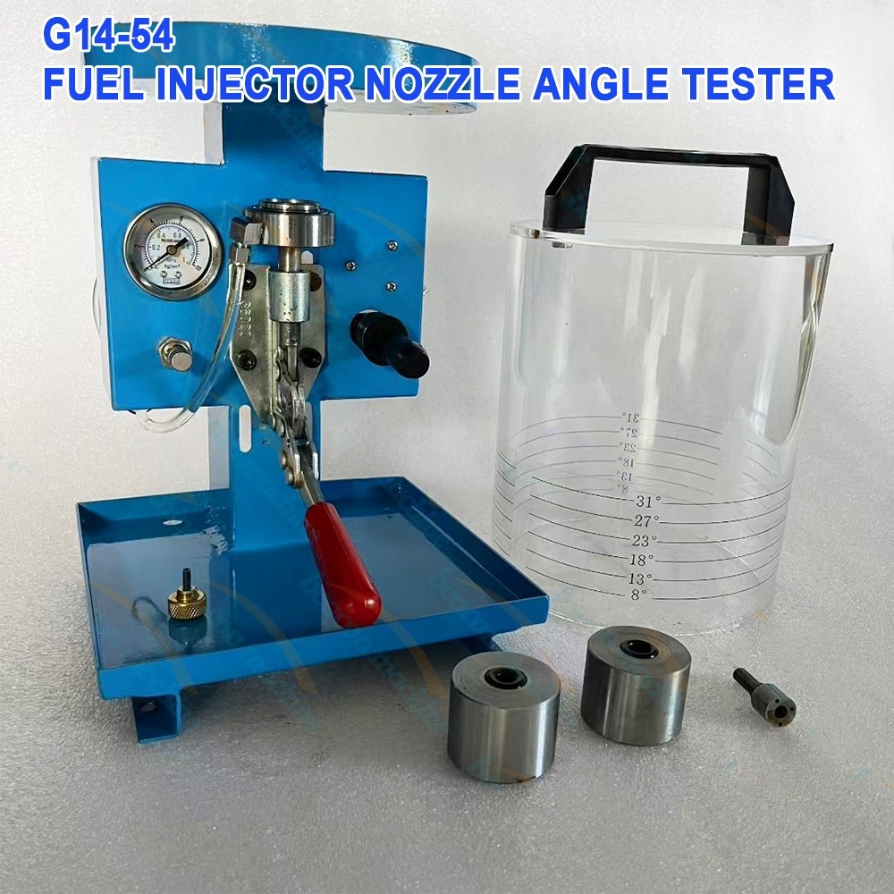 Manual diesel injector spray angle verification tool with integrated pressure gauge and mounting accessories
