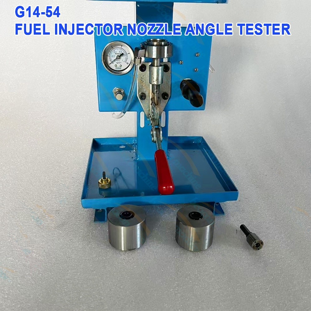 Close-up of the G14-54 injector nozzle angle tester mechanical pumping handle and mounting bracket.