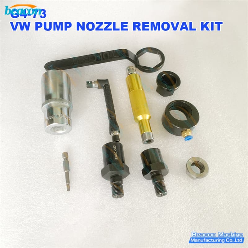 G4-73 VW pump nozzle removal kit with TDI-CR37 wrench and organized shim boxes for repair.