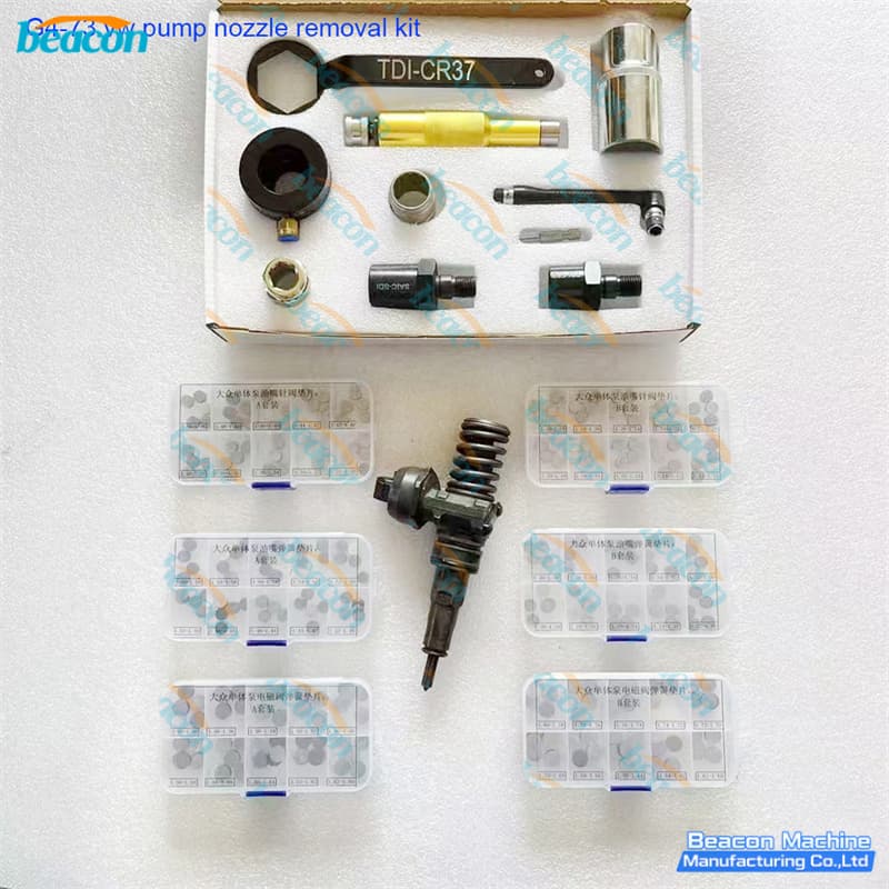 Individual components of the Volkswagen unit injector disassembly toolset laid out on white surface.