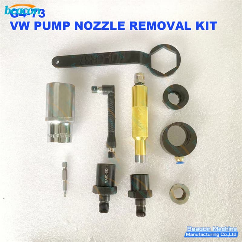 Overhead perspective of professional VW TDI-CR37 pump nozzle maintenance tools and adaptors.