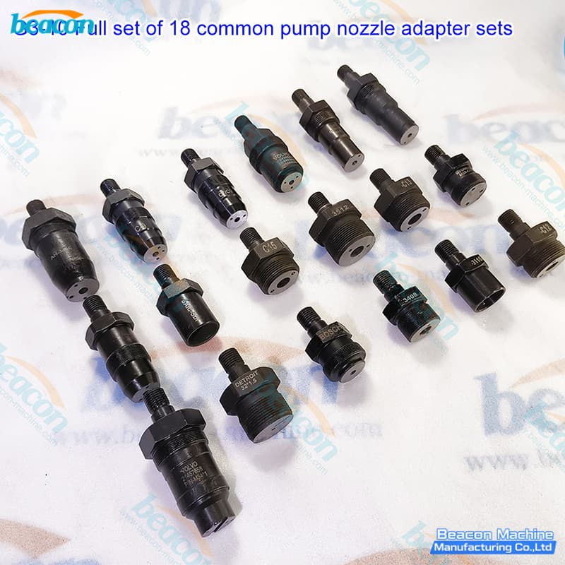 Side angle view of 18pcs common rail pump nozzle testing connectors on logo background.