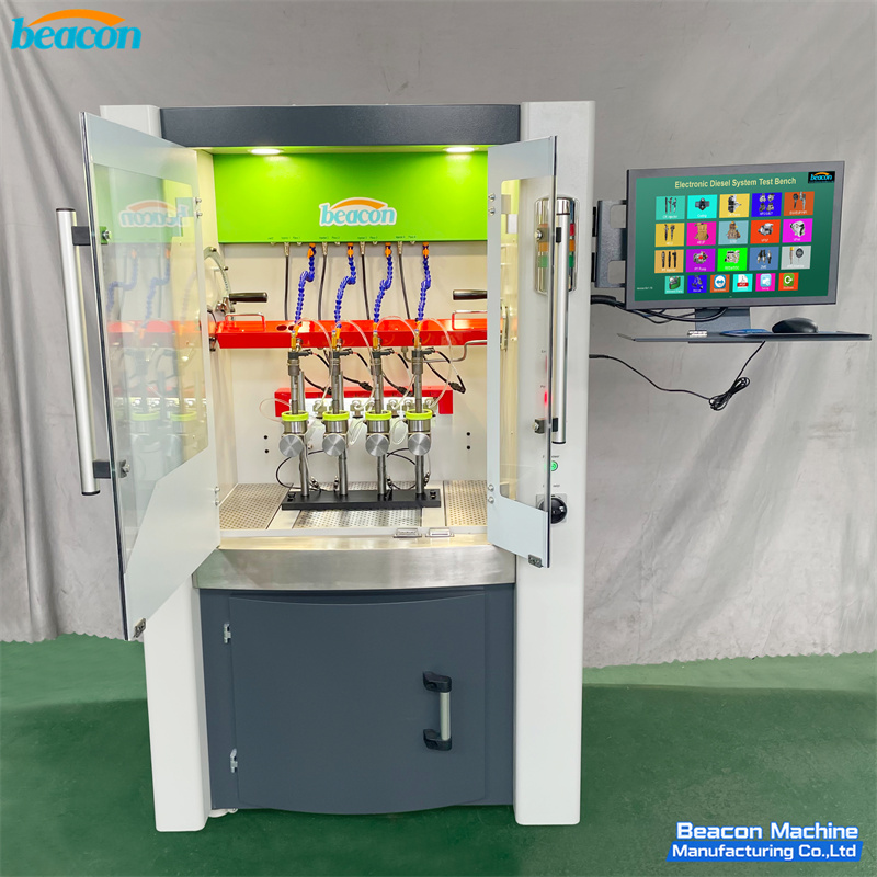 Beacon Machine BC800-PRO Common rail injector test bench operating with high-precision diesel injection testing equipment.