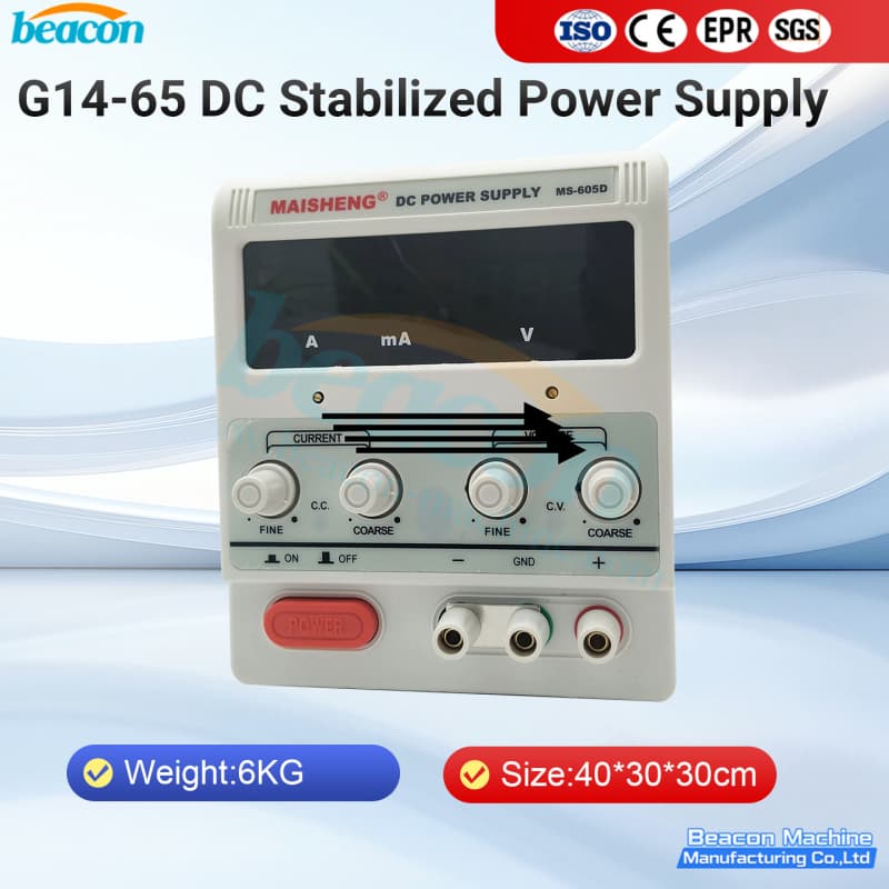 Laboratory variable DC power source with digital LED display for precision voltage and current monitoring.
