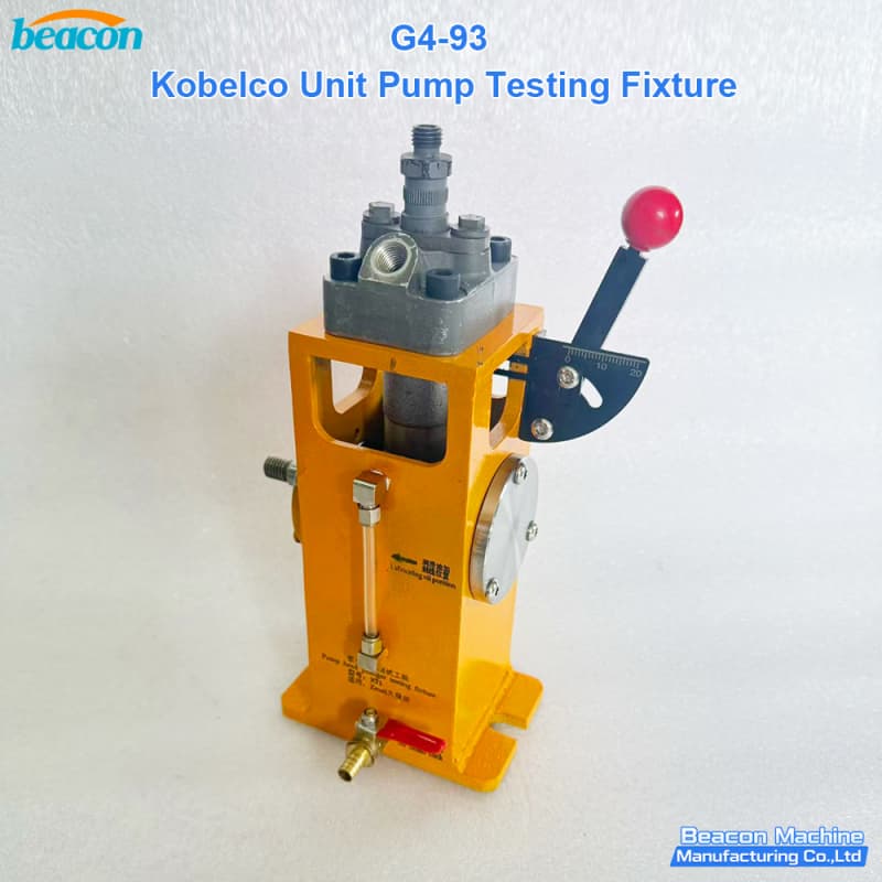 G4-93 Kobelco unit pump testing fixture side view with manual control lever and oil level sight glass.