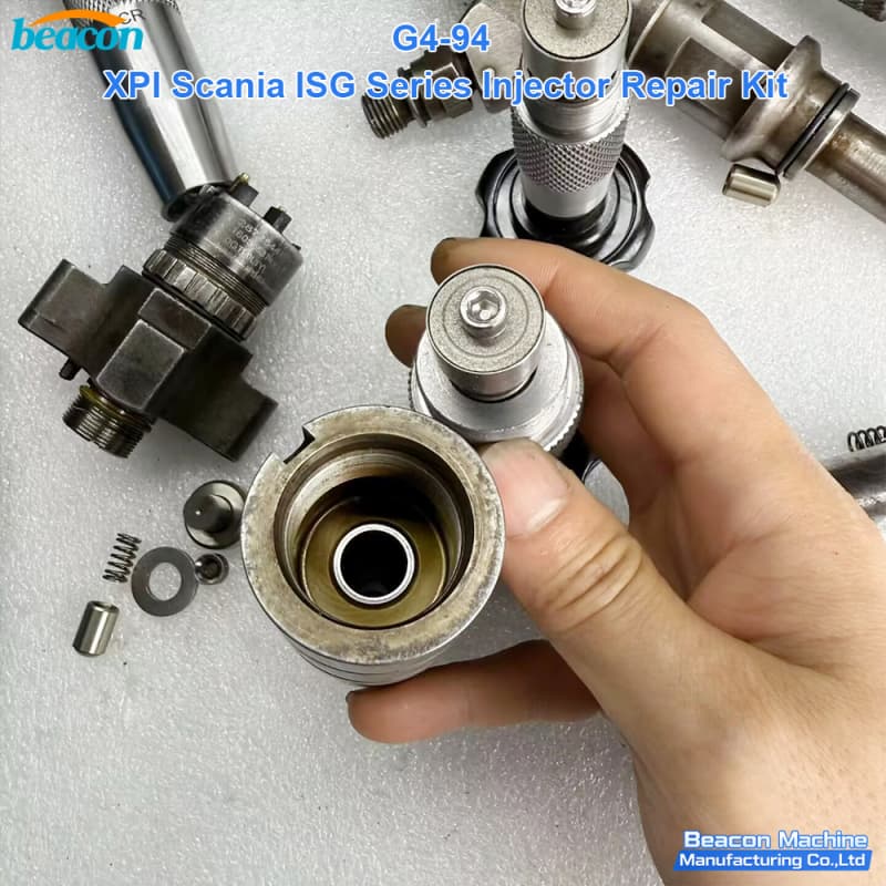 Close-up of Scania ISG series injector internal components and valve assembly service.