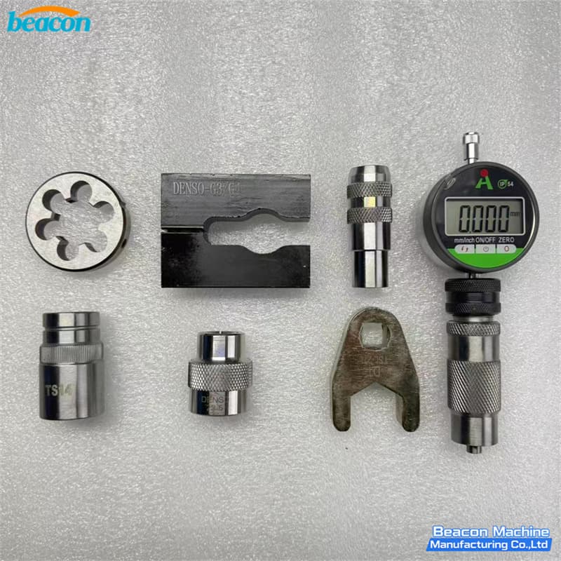 G4-90 Toyota HiLux fuel injector maintenance tools including digital dial gauge and DENSO-G3 specialized sockets.