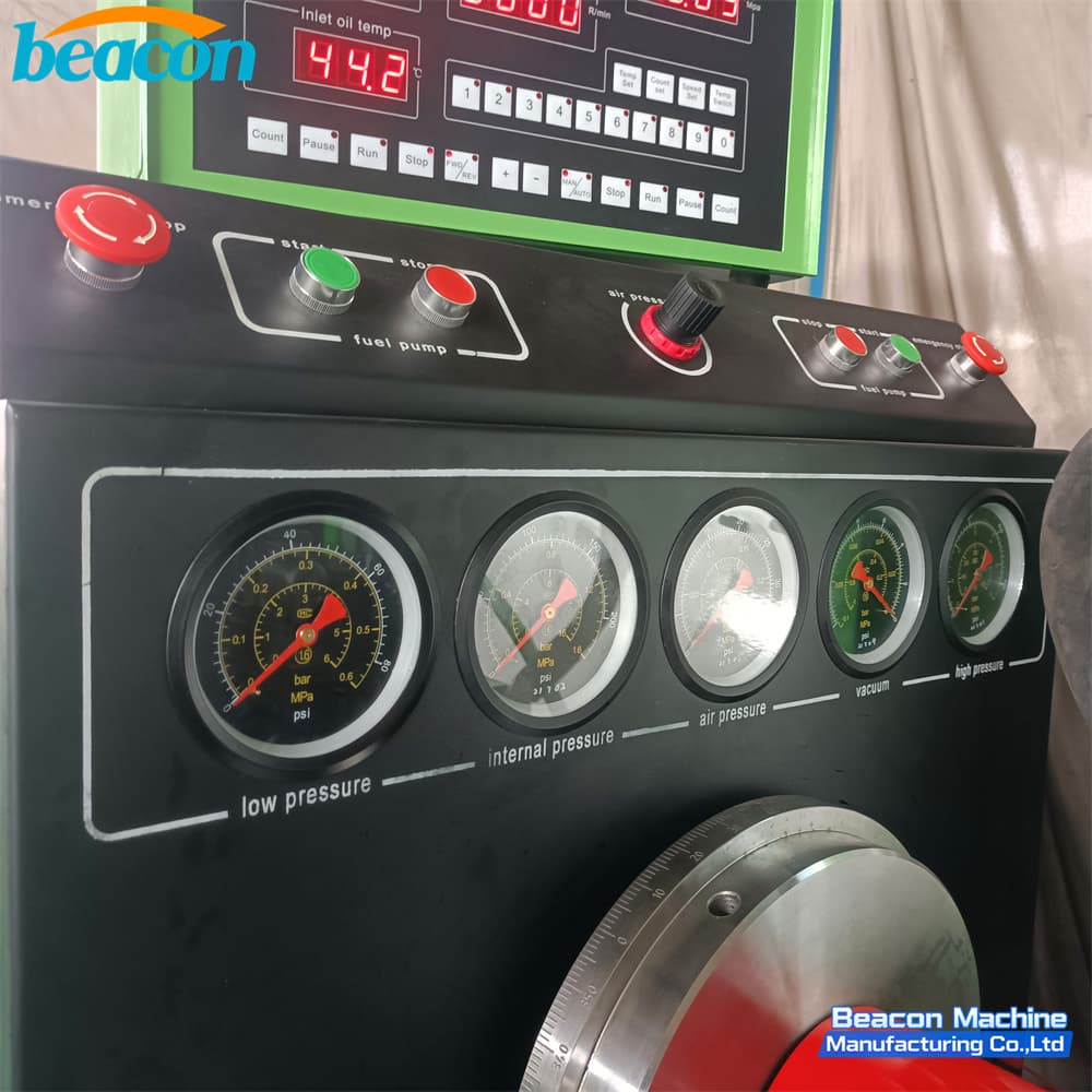 Close up of fuel pump calibration equipment pressure gauges