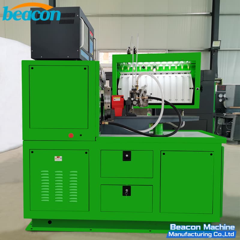 Side view of 12 cylinder mechanical fuel pump test bench with storage drawers