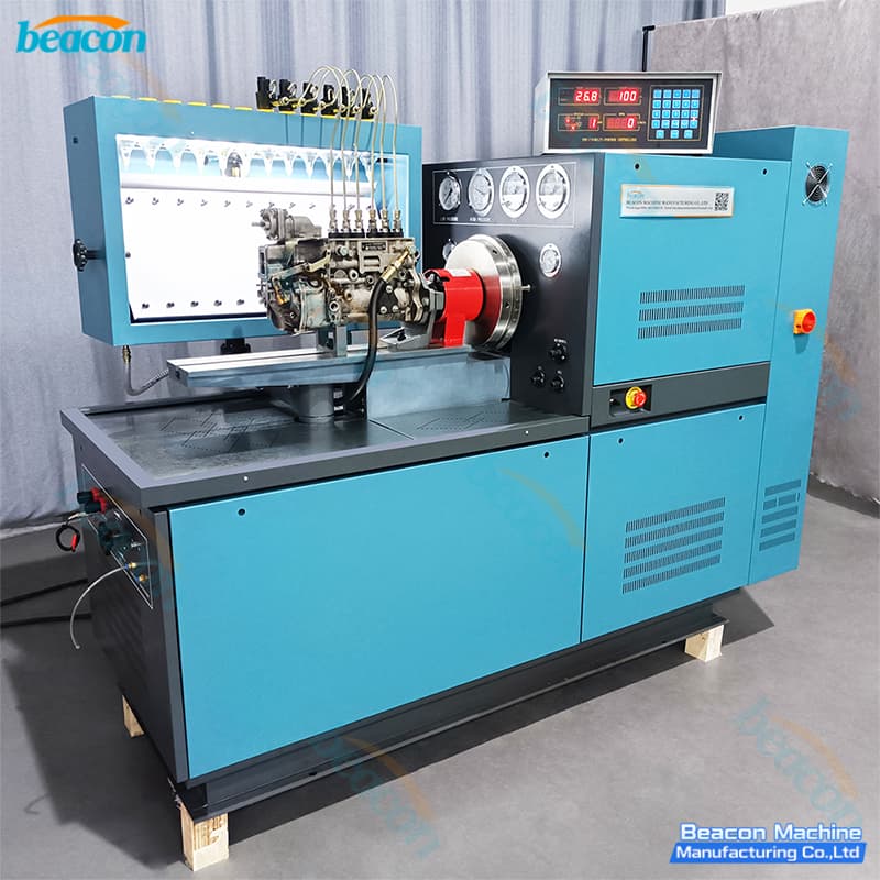 BEACON MACHINE blue diesel injection pump test bench calibrating an inline mechanical pump.