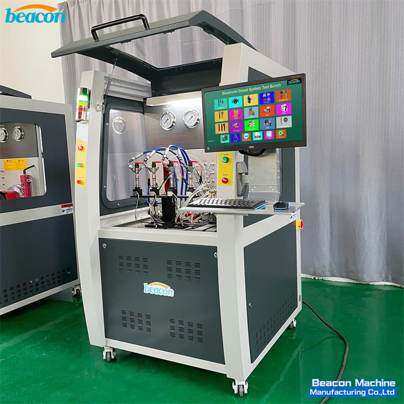 Multi-channel common rail injector test bench with open protective hatch showing 4-injector testing capability. Multi-channel common rail injector test bench with open protective hatch showing 4-injector testing capability.
