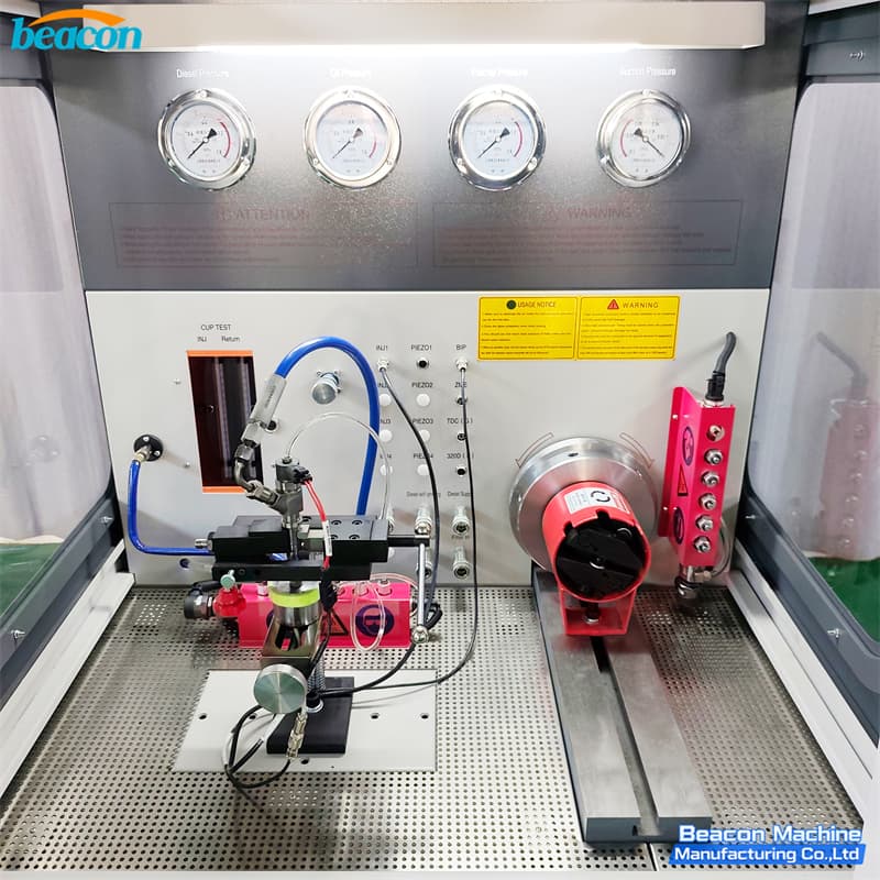 Precision internal chamber of diesel test bench featuring analog pressure gauges and high-pressure fuel lines. Precision internal chamber of diesel test bench featuring analog pressure gauges and high-pressure fuel lines.