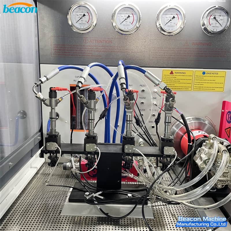 Simultaneous testing of four common rail injectors on Beacon Machine high-precision diagnostic bench. Simultaneous testing of four common rail injectors on Beacon Machine high-precision diagnostic bench.