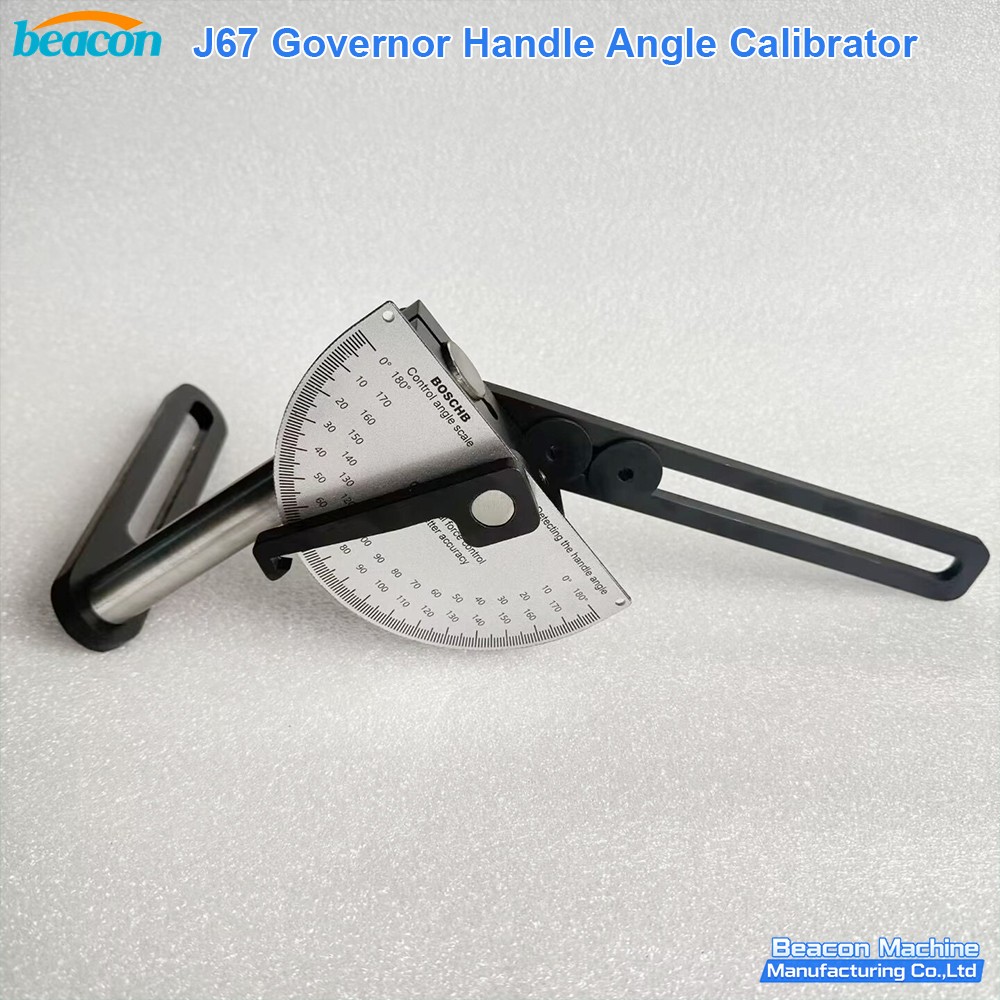 BEACON MACHINE J67 governor handle angle calibrator with 180-degree scale side view. BEACON MACHINE J67 governor handle angle calibrator with 180-degree scale side view.