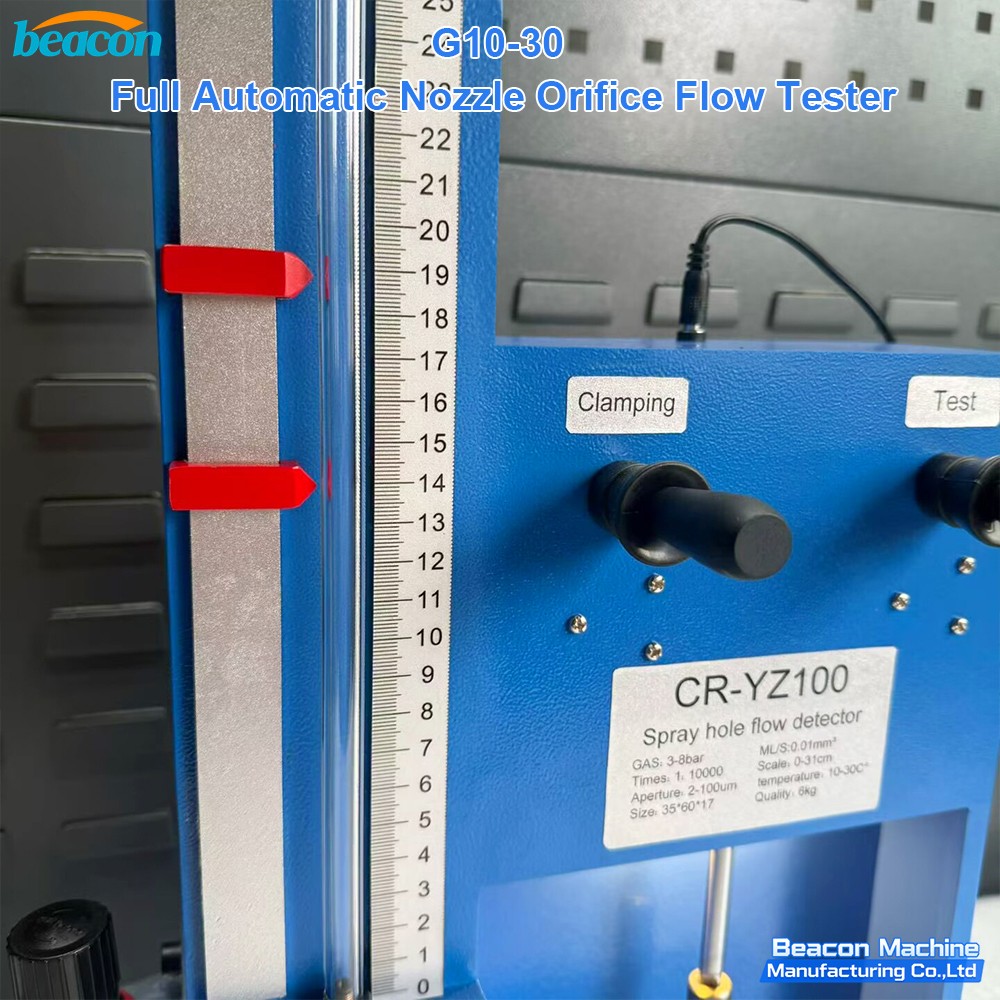 Detailed graduated glass flow meter scale on G10-30 nozzle flow tester. Detailed graduated glass flow meter scale on G10-30 nozzle flow tester.