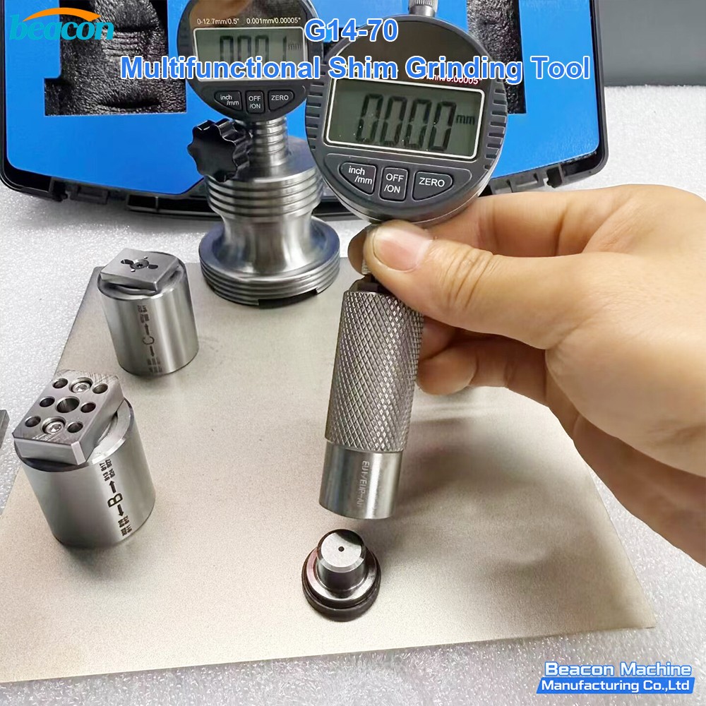 Close-up of G14-70 shim grinder manual operation with digital indicator monitoring. Close-up of G14-70 shim grinder manual operation with digital indicator monitoring.