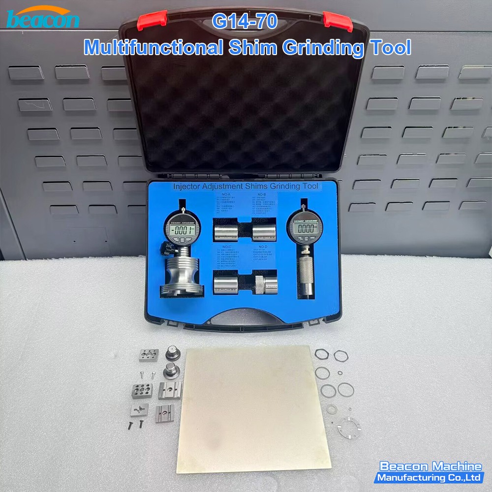 Professional G14-70 common rail shim grinding kit stored in blue foam carrying case. Professional G14-70 common rail shim grinding kit stored in blue foam carrying case.