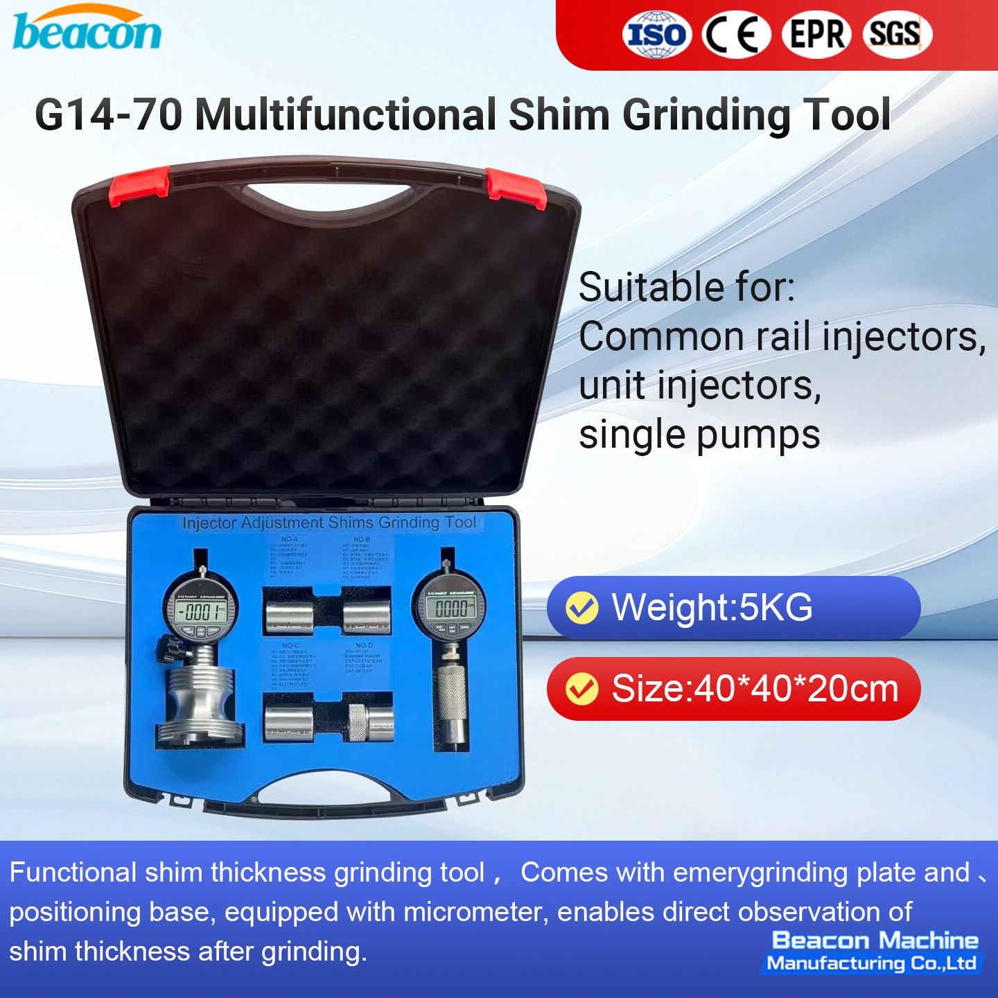 G14-70 product infographic by BEACON MACHINE showing 5KG weight and size specifications. G14-70 product infographic by BEACON MACHINE showing 5KG weight and size specifications.