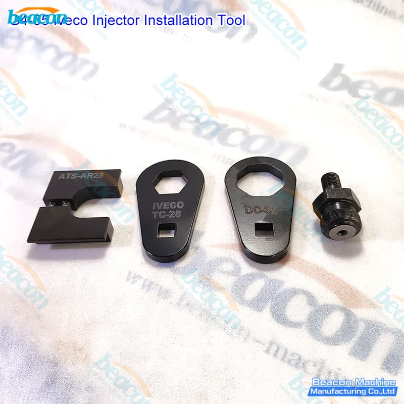 Explosion view of G4-65 heavy duty Iveco diesel injector service components on logo background.