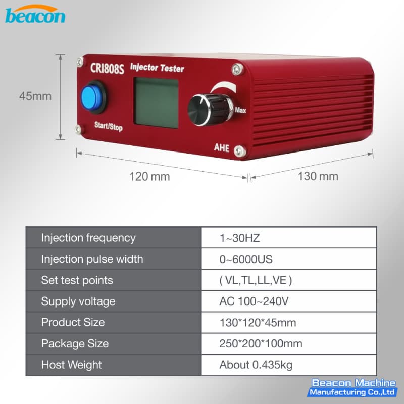 Technical dimensions and host weight of BEACON MACHINE CRI808S pulse generator.