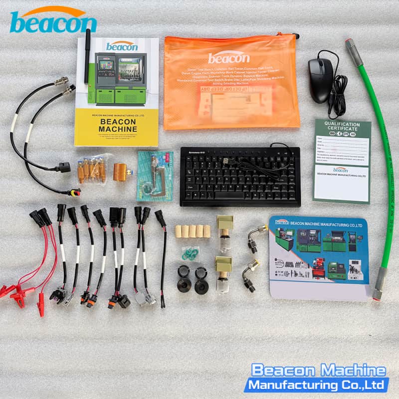 Complete accessory set for BEACON MACHINE EPS206-PLUS including cables, filters, and keyboard.