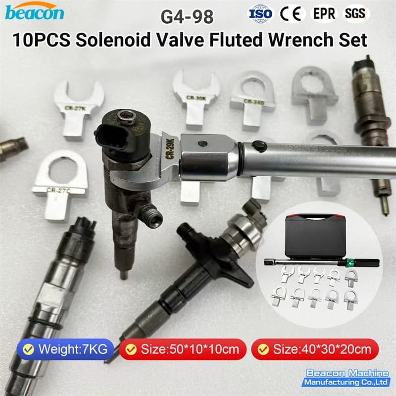 BEACON MACHINE G4-98 10pcs solenoid valve fluted wrench set with torque handle on white background.