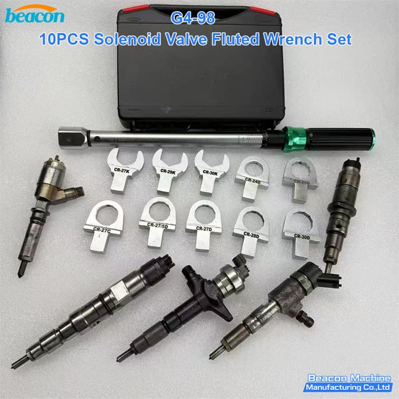 Full kit of 10 specialized fluted sockets and precision torque wrench for diesel injectors.
