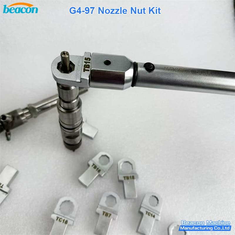 Precision application of G4-97 torque wrench on diesel injector nozzle cap Precision application of G4-97 torque wrench on diesel injector nozzle cap