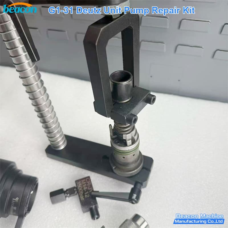 G1-31 specialized diesel unit pump maintenance tools assembly on workbench. G1-31 specialized diesel unit pump maintenance tools assembly on workbench.