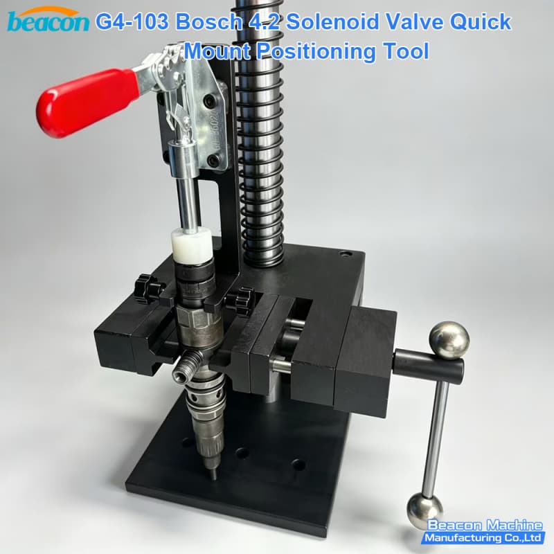 BEACON MACHINE G4-103 Bosch 4.2 solenoid valve positioning tool installed on a professional mounting base