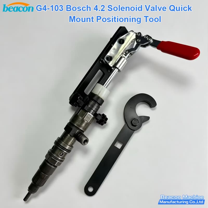 Close-up of G4-103 specialized Bosch 4.2 injector solenoid assembly guide with injector body