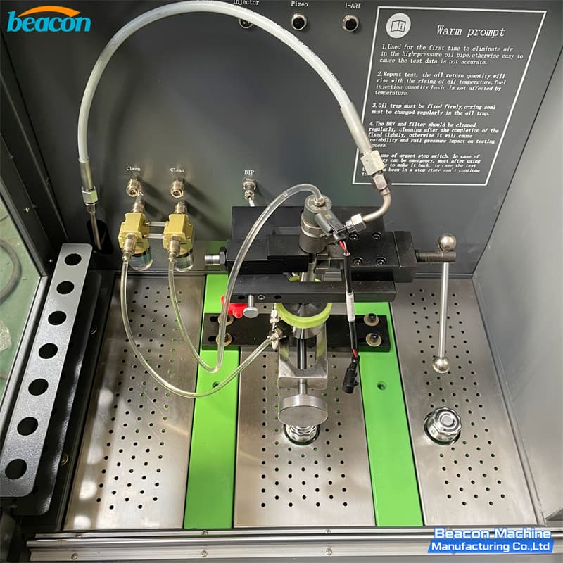 Close-up of the common rail injector clamp and high-pressure rail setup of BEACON MACHINE