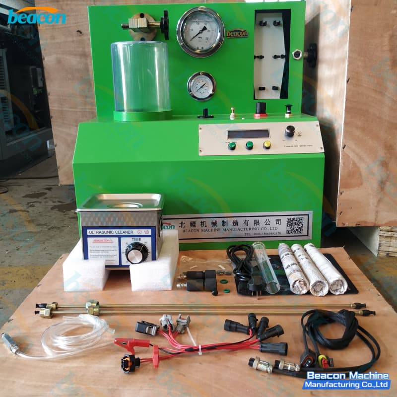 BEACON MACHINE PQ1000-A common rail injector tester with integrated ultrasonic cleaner and full accessory kit. BEACON MACHINE PQ1000-A common rail injector tester with integrated ultrasonic cleaner and full accessory kit.