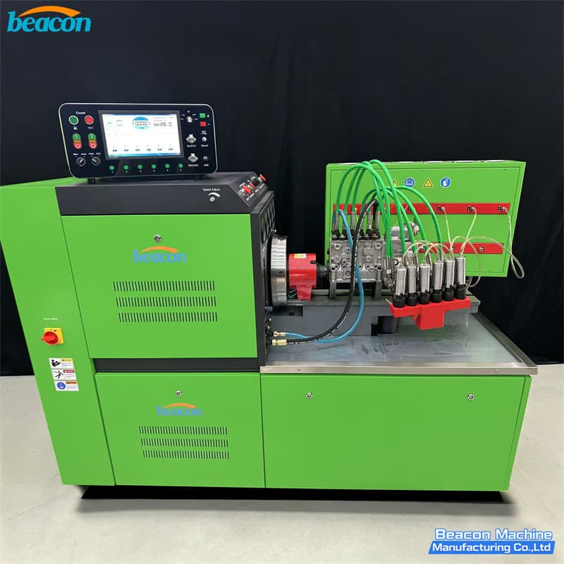 BEACON MACHINE ES816 diesel fuel injection pump test bench full setup with digital control console. BEACON MACHINE ES816 diesel fuel injection pump test bench full setup with digital control console.