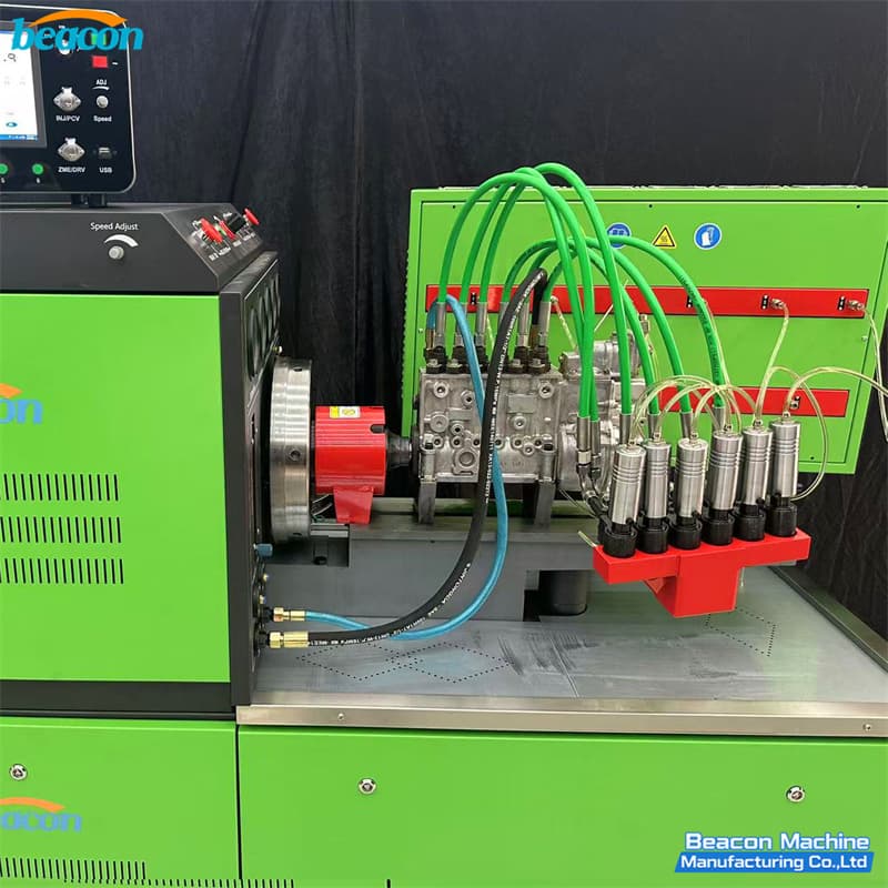 Full diagnostic interface showing 15-inch touch screen and pressure gauges of the professional pump stand. Full diagnostic interface showing 15-inch touch screen and pressure gauges of the professional pump stand.
