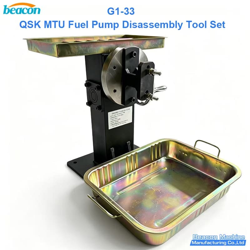 Universal industrial fuel pump disassembly stand with adjustable fixtures and drainage tray by BEACON MACHINE.