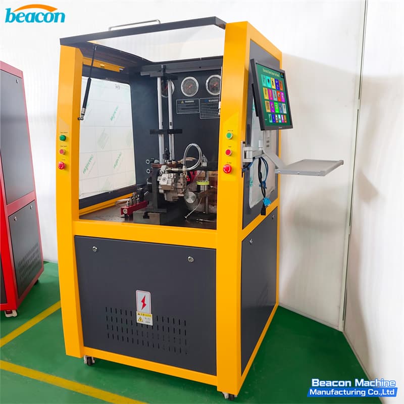 Front view of the BEACON MACHINE CR1017-PLUS high-precision electronic diesel fuel system test bench showing the dual-colored cabinet and interactive computer control interface.