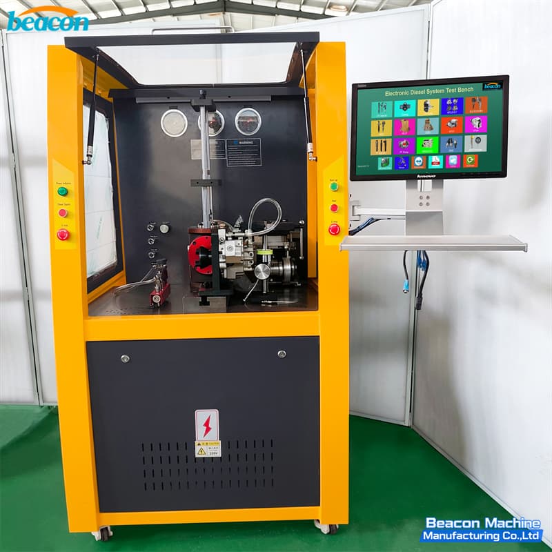 Left-side view of the compact CR1017-PLUS common rail calibration equipment emphasizing the sturdy protective glass enclosures and clean structural design.