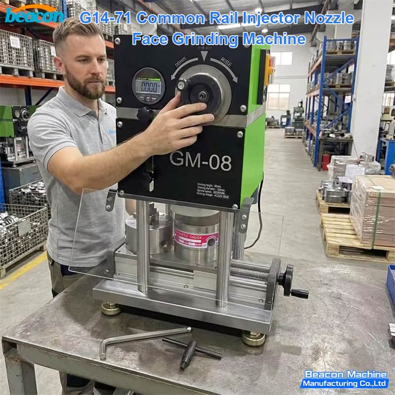Professional technician operating the G14-71 common rail injector nozzle face grinding machine for precision diesel repair. Professional technician operating the G14-71 common rail injector nozzle face grinding machine for precision diesel repair.