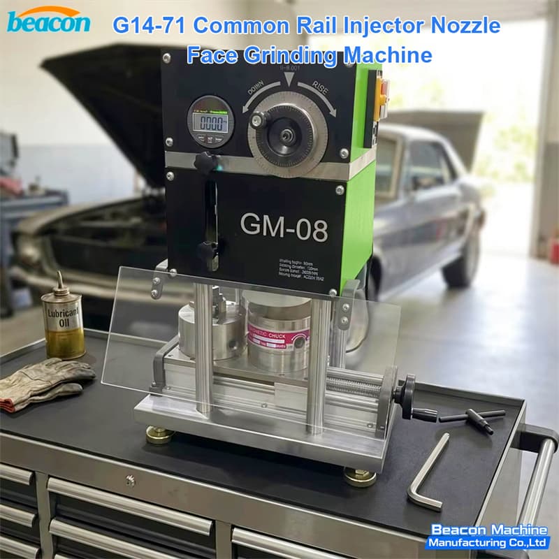 GM-08 common rail nozzle face grinding machine placed in an automotive workshop for fuel system restoration. GM-08 common rail nozzle face grinding machine placed in an automotive workshop for fuel system restoration.