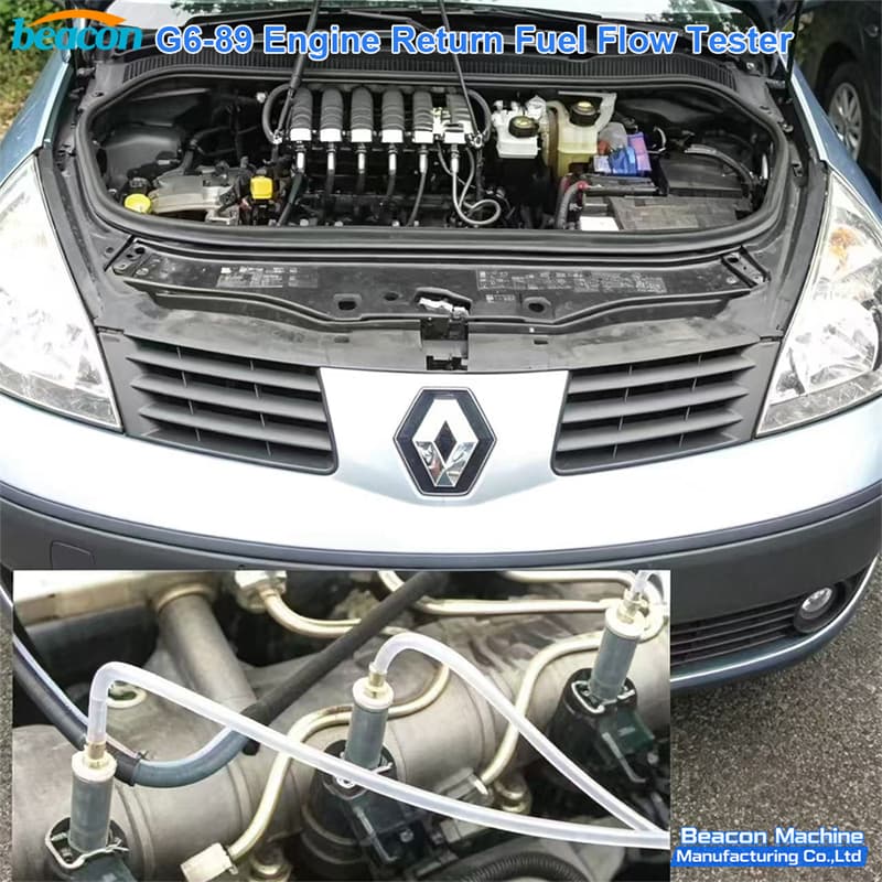 Real-world application of G6-89 fuel flow tester connected to a Renault engine for injector back-leakage analysis.