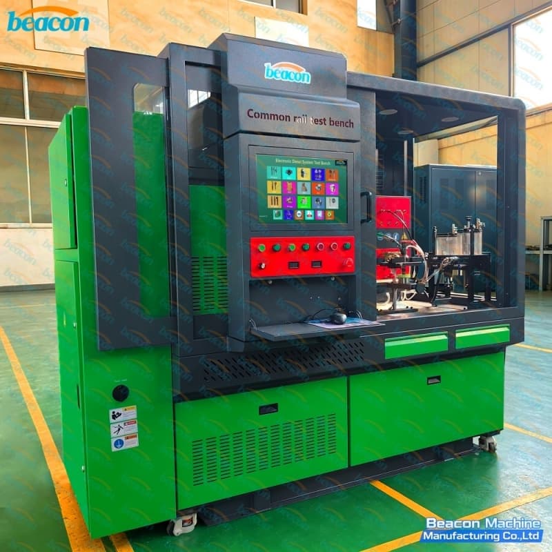Front overview of the green-grey CR919 PLUS common rail test bench with industrial touchscreen terminal and test chamber. Front overview of the green-grey CR919 PLUS common rail test bench with industrial touchscreen terminal and test chamber.