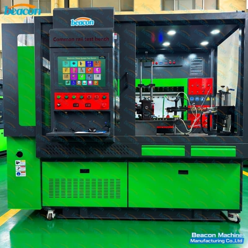 Front working view with sliding safety door open displaying multi-system injector mounts and fuel return lines. Front working view with sliding safety door open displaying multi-system injector mounts and fuel return lines.