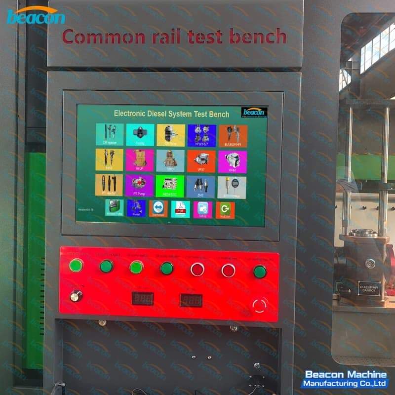 Close-up of the industrial touchscreen interface displaying diagnostic software options and electronic control buttons. Close-up of the industrial touchscreen interface displaying diagnostic software options and electronic control buttons.