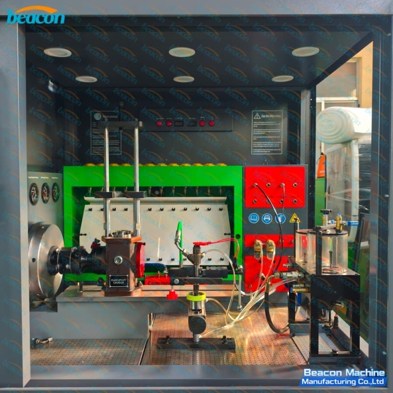 Panoramic view of the interior test chamber with cambox fixture, common rail clamp, and HEUI measurement module. Panoramic view of the interior test chamber with cambox fixture, common rail clamp, and HEUI measurement module.